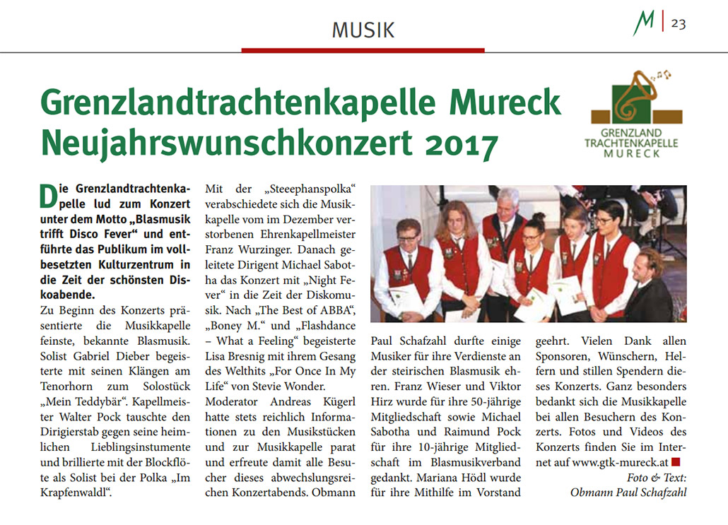 Artikel Murecker Stadtzeitung über das Neujahrswunschkonzert 2017